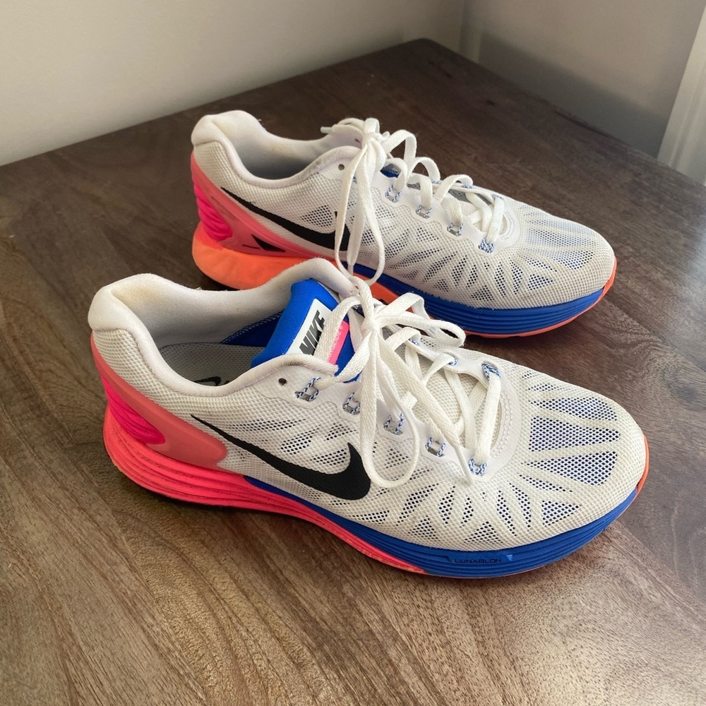Nike LunarGlide 6 Womens Size 7 White Pink Orange Blue Running Shoes 654434-101